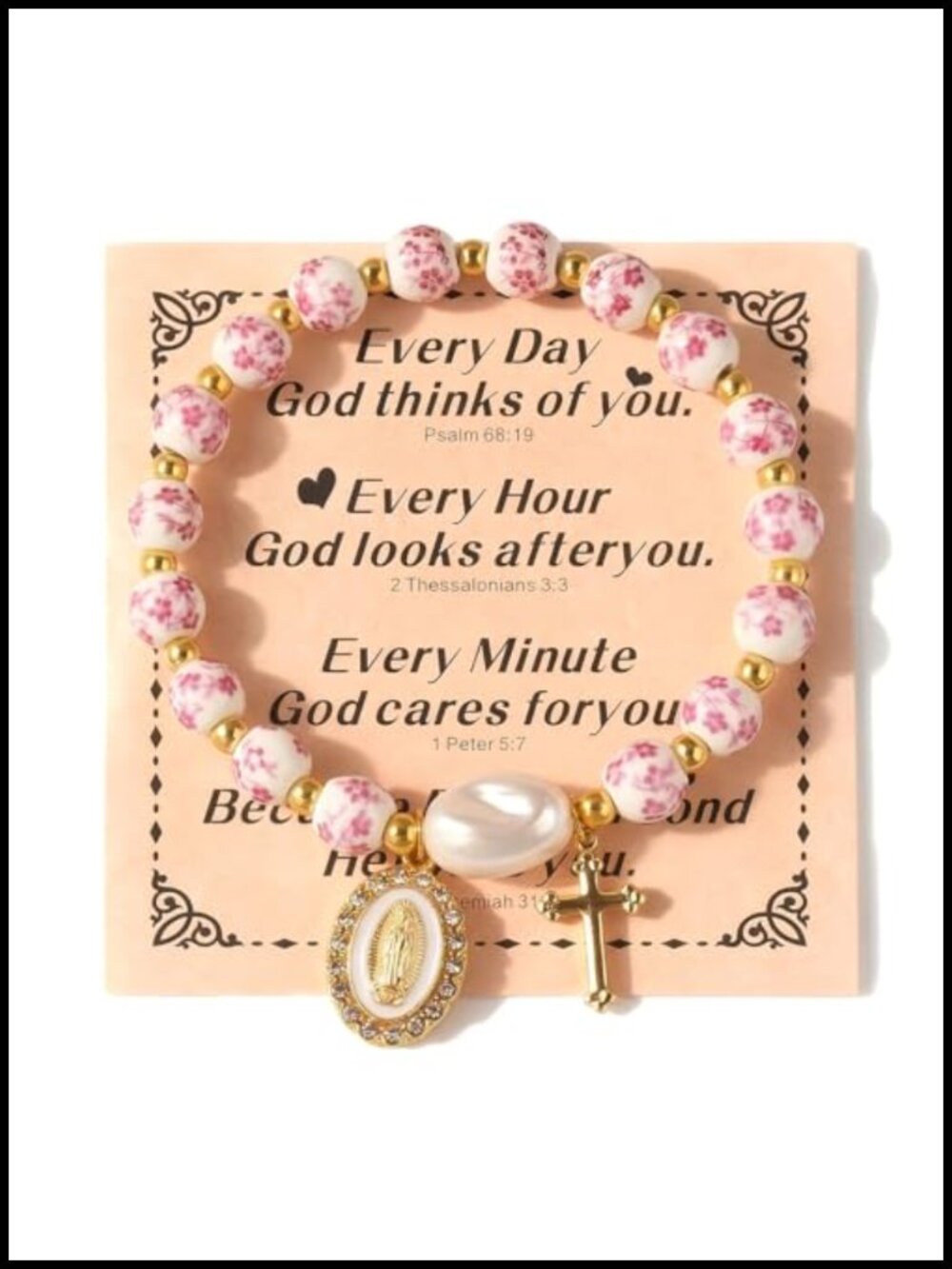 Stretch Ceramic Bead Bracelet Miraculous Medal Crucifix Charm